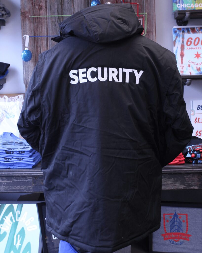 Winter jackets with "SECURITY" embroidery on the back